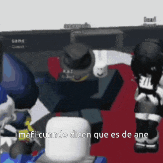 a group of roblox characters are standing around a table with the words mafi cuando dicen que es de ane on the bottom