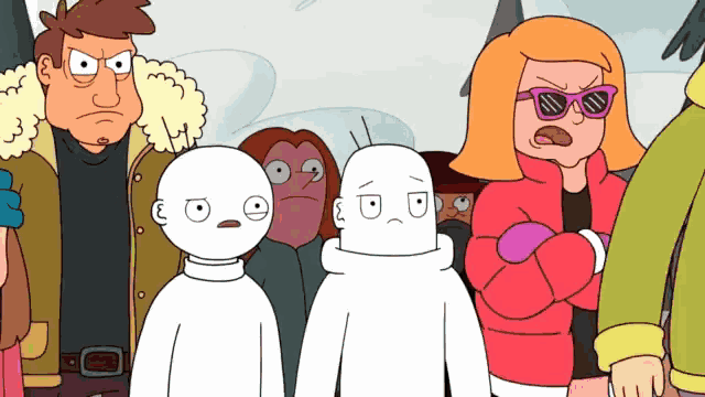 a group of cartoon characters including a woman wearing sunglasses are standing together