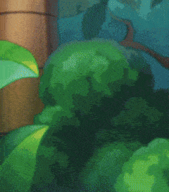 a cartoon character is standing in a jungle with trees and leaves in the background