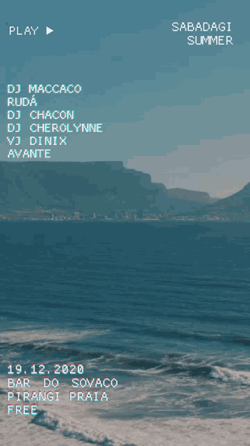 a poster for sabadagi summer with a picture of the ocean and mountains
