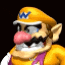 a close up of a pixel art of wario wearing a yellow hat and a pink nose .