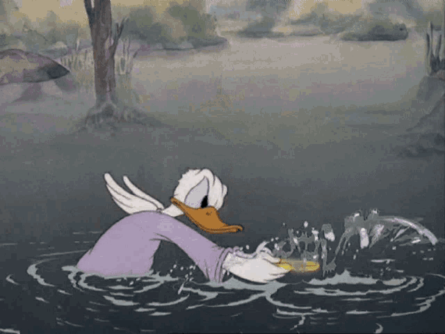 a cartoon duck is swimming in a pond