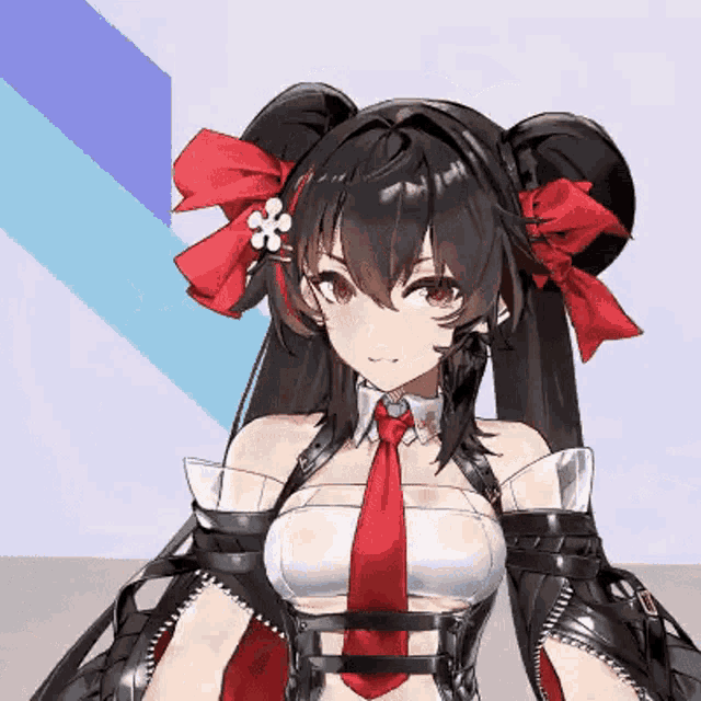 a girl with black hair and a red tie