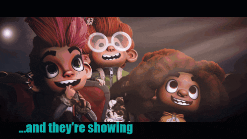 three cartoon characters with the words " and they 're showing " on the bottom