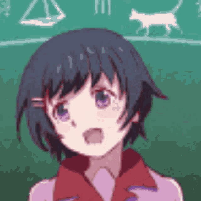 a pixel art of a girl with purple eyes standing in front of a green board with a cat and a triangle on it .