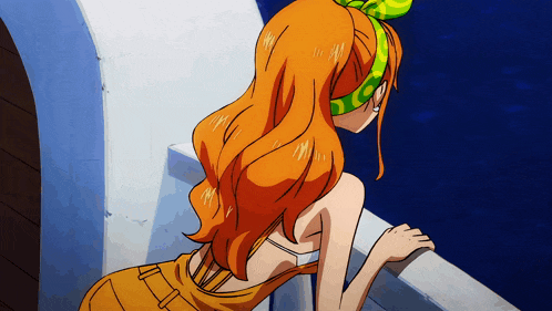 a woman with orange hair and a green scarf around her head stands on a balcony