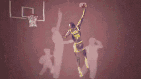 a painting of a basketball player jumping in the air with a basketball going through the net .