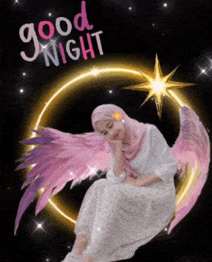 a woman with pink angel wings is sitting in a circle with the words good night written above her