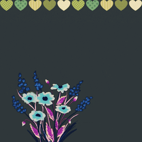 a bouquet of flowers with arabic writing and hearts on a dark background
