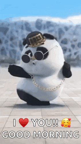 a panda bear wearing sunglasses and a hat is dancing and says `` i love you ! ''