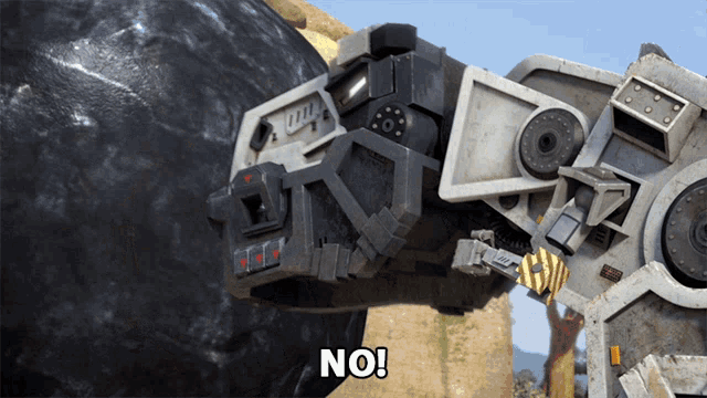 a robot says no in front of a black object