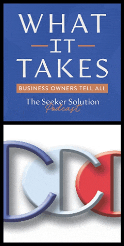 a blue book titled what it takes sits next to a red white and blue logo for the seeker solution podcast