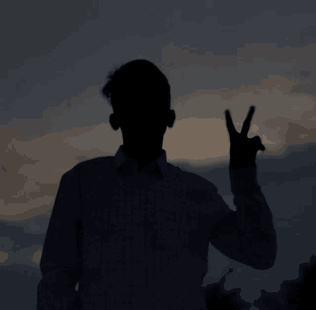 a silhouette of a man in a plaid shirt giving the peace sign