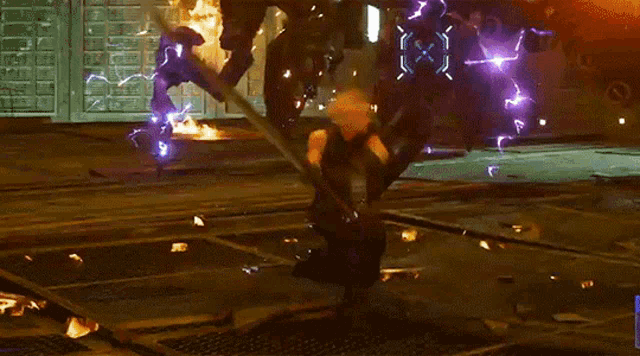a video game scene with a purple lightning bolt coming out of a person 's hand .