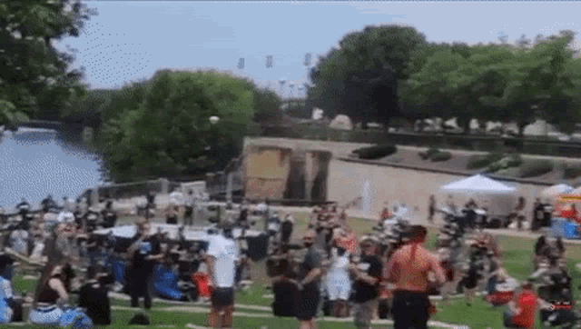 a crowd of people gathered in a park near a river