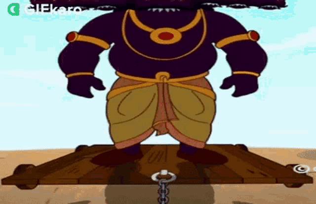 a cartoon character is standing on a wooden platform with a chain around his neck .