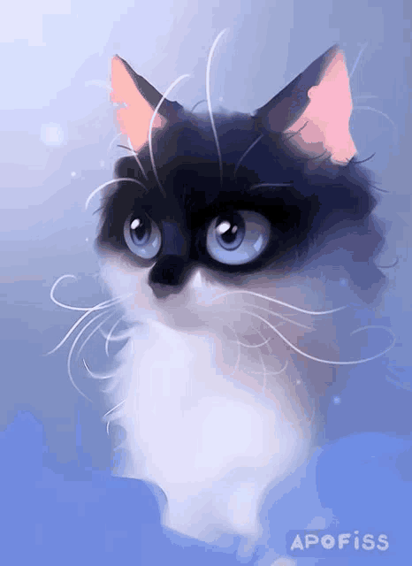 a painting of a black and white cat with blue eyes and the name apofiss below it