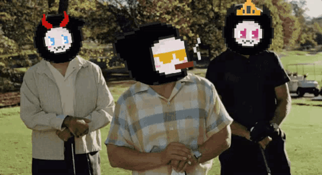 three men with pixelated faces standing on a golf course