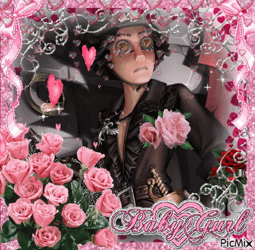 a picture of a pirate with pink roses and the words baby girl on the bottom