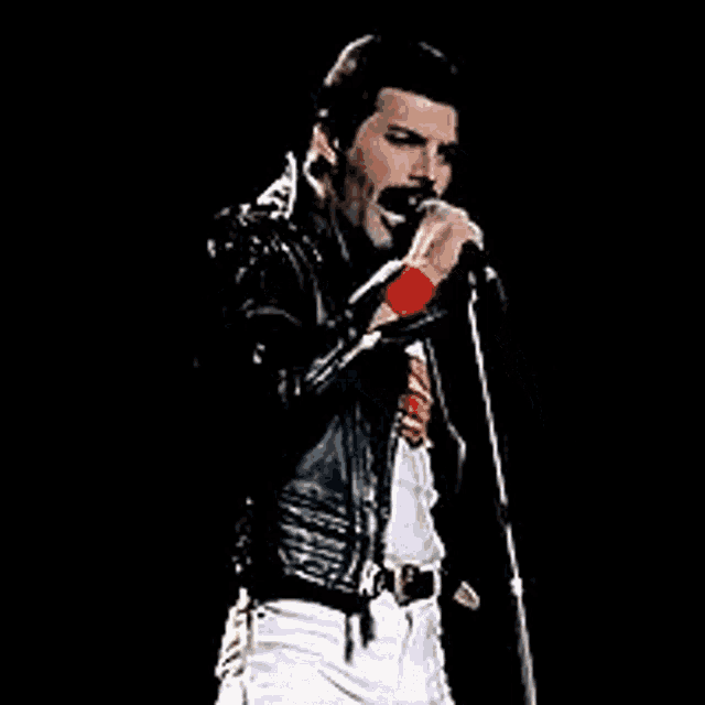a man is singing into a microphone while wearing a leather jacket .