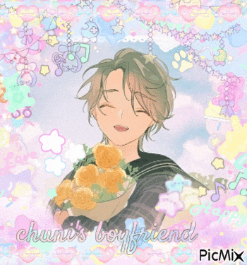 a picture of a boy holding a bouquet of flowers with the caption chuni 's boy friend