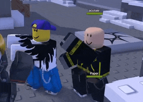 two roblox characters are standing next to each other in a video game . one of the characters is wearing a purple hat .