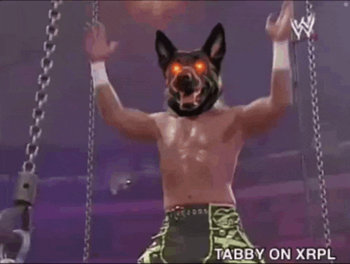 a shirtless wrestler with a dog 's head on his head is dancing .