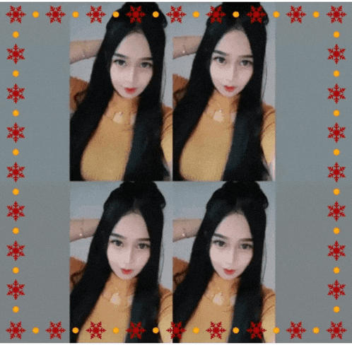 a girl with long black hair is surrounded by red snowflakes