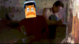 a cartoon character with headphones on his head is sitting next to another man