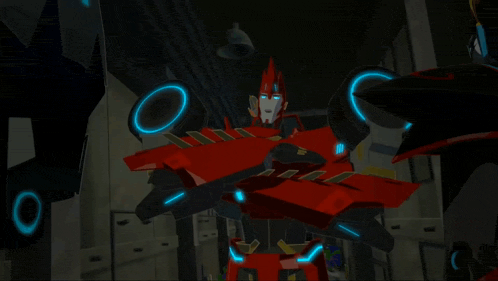 a cartoon character with a red and black body and a blue circle around his head