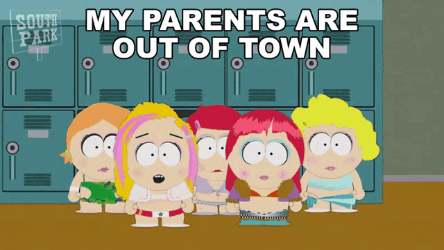 a group of south park characters standing in front of lockers with the caption my parents are out of town