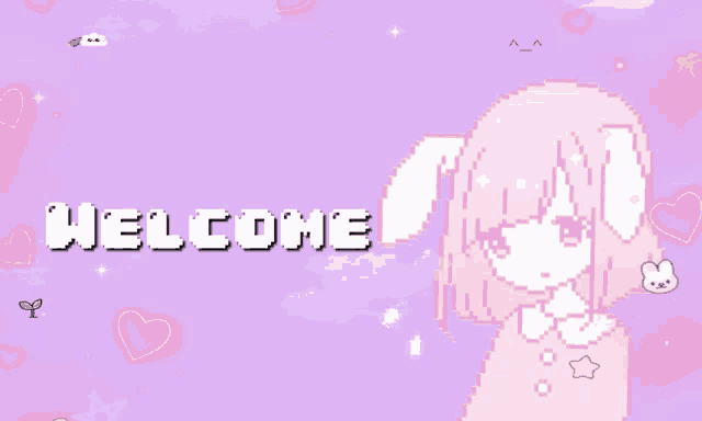 a pixel art of a girl with the words welcome on the bottom