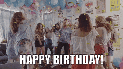 a group of girls are celebrating a birthday with balloons and confetti and the caption happy birthday