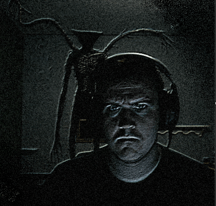 a man wearing headphones has a monster behind him
