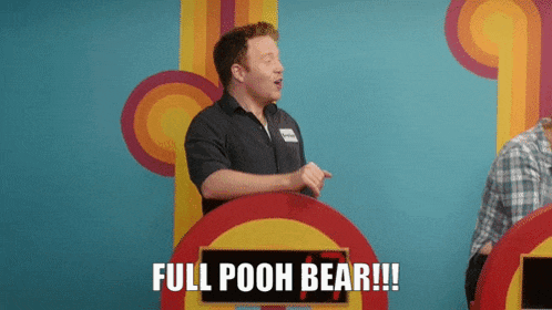 a man is standing in front of a sign that says " full pooh bear "