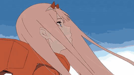 a cartoon of a girl with long pink hair and a red jacket .