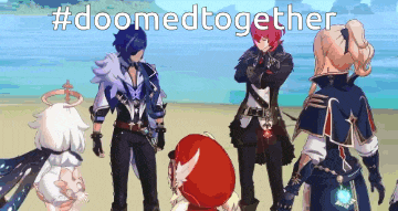 a group of anime characters are standing next to each other on a beach and holding hands .