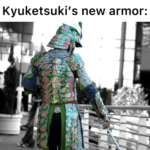 a man in a samurai armor made out of mountain dew