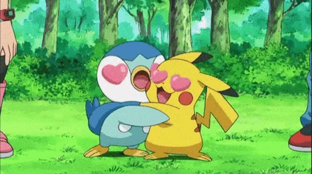 a pikachu and a penguin are hugging each other in the grass