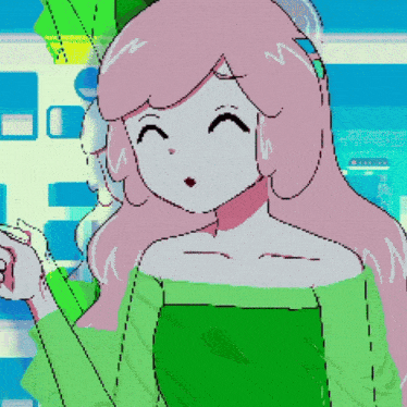a pixel art of a girl with pink hair and a green top