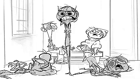 a black and white drawing of three cartoon characters standing next to each other .
