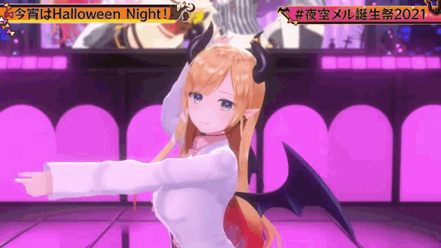 a girl with horns and wings is dancing in front of a sign that reads halloween night
