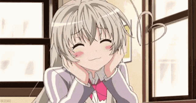 a girl with gray hair and a pink bow tie is smiling while sitting in front of a window .