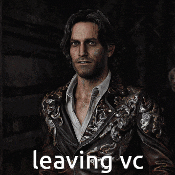 a man in a leather jacket is waving his hand with the words leaving vc written below him