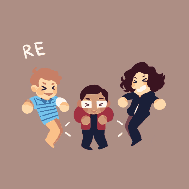 a cartoon of three people with the words " re invention " written above them