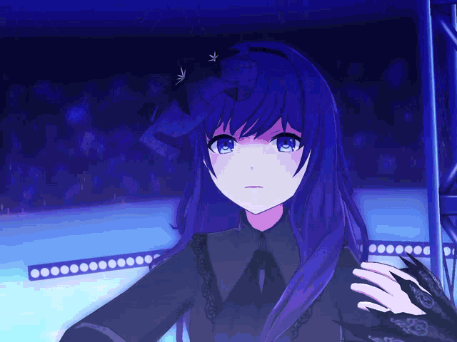 a girl with purple hair and blue eyes is wearing a black shirt