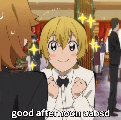a cartoon character says good afternoon aabsd in front of a man in a suit