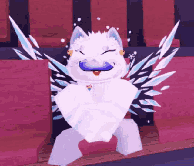 a white cat with ice wings is sitting on a chair