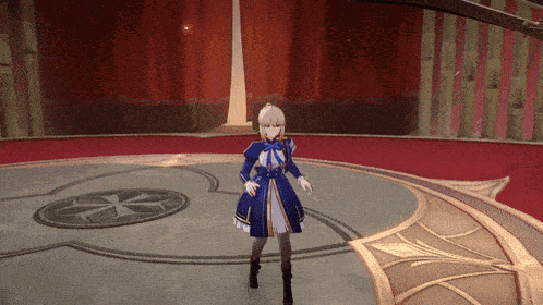 a girl in a blue dress is standing in a room