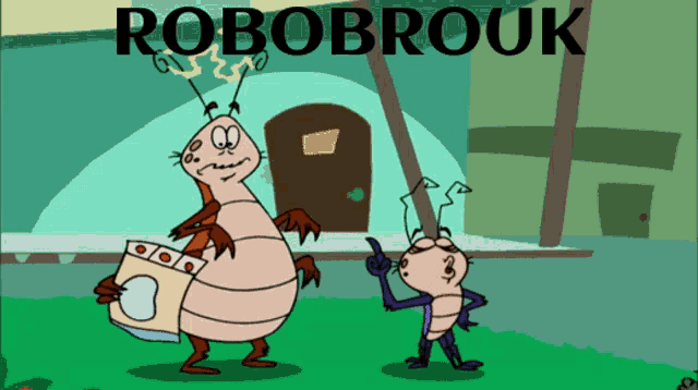 a cartoon of two cockroaches standing next to each other with robobrouk written on the bottom